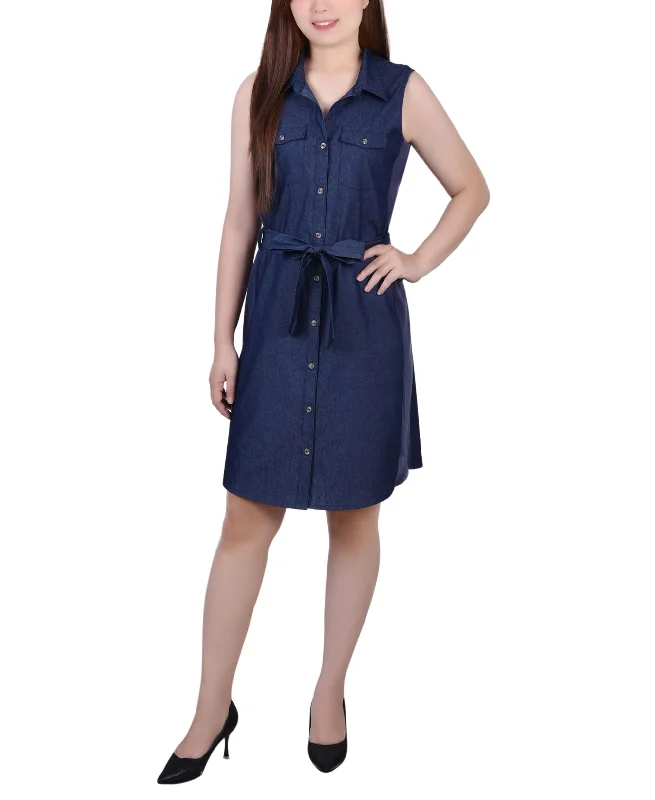 Petite Sleeveless Belted Denim Dress