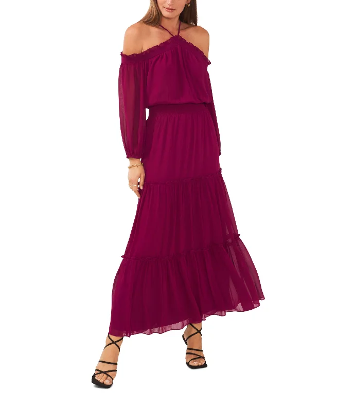 Women's Smocked Waist Halter Long Sleeve Maxi Dress