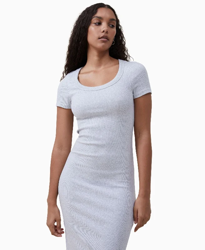 Women's Ribbed Short-Sleeve Split Midi Dress