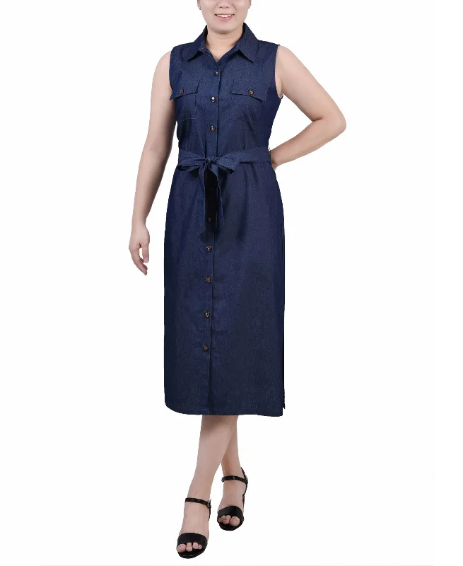 Petite Sleeveless Belted Chambray Midi Dress