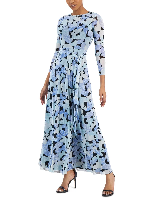 Women's Butterfly-Print Belted 3/4-Sleeve Maxi Dress