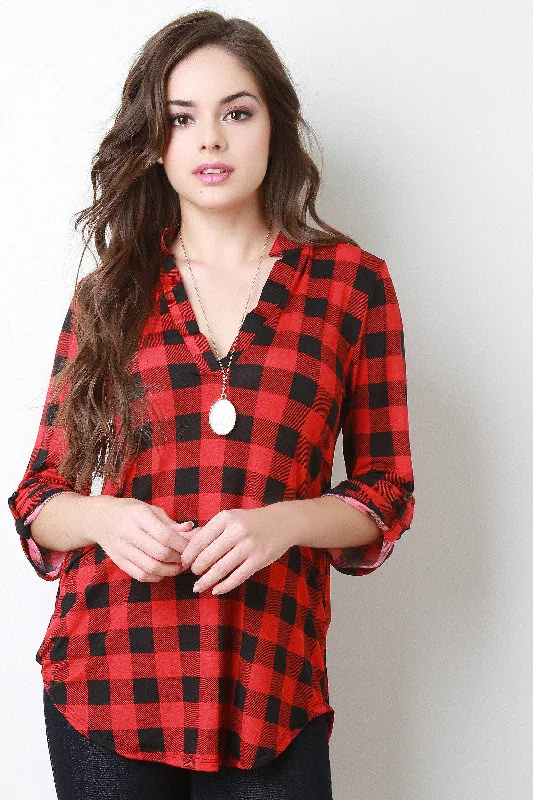 Plaid Pattern Split V-Neck Long Roll Sleeves Top Relaxed Women's 