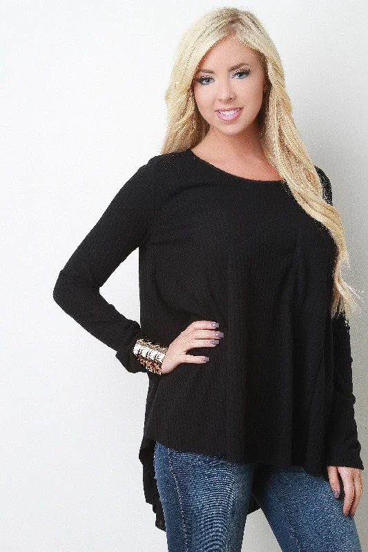 Ribbed Knit Pocket Long Sleeves High Low Babydoll Top Dapper Women's Bow - adorned