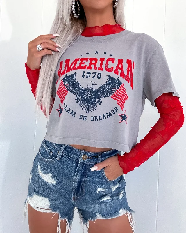 American Dream Graphic Crop Top - Grey Earthy Women's 