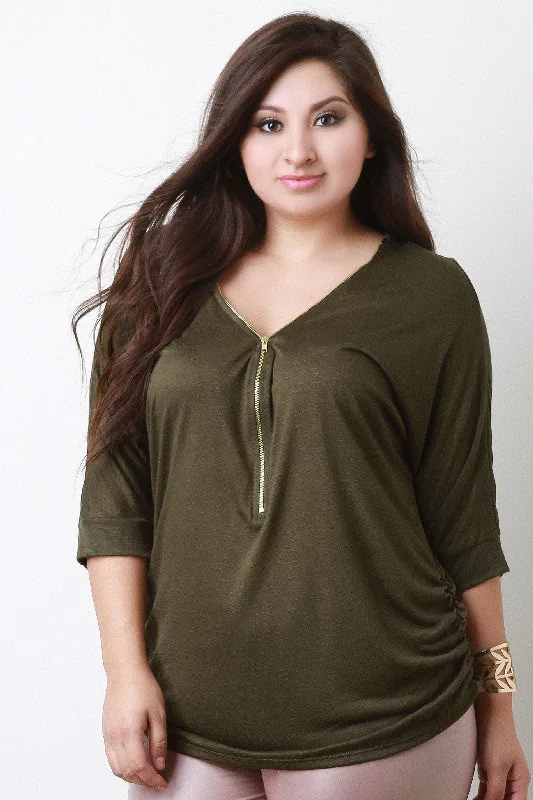 Zipper Quarter Sleeves Ruched Top Dapper Women's 1920S