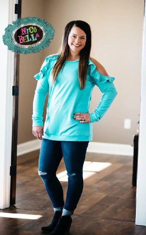 Turquoise Ruffle Cold Shoulder Top Scandinavian